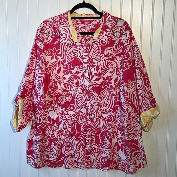 Pappagallo 3/4 Sleeve Button Up Top Women 3X Pink Yellow Tropical Peekaboo Cuffs - Picture 1 of 12